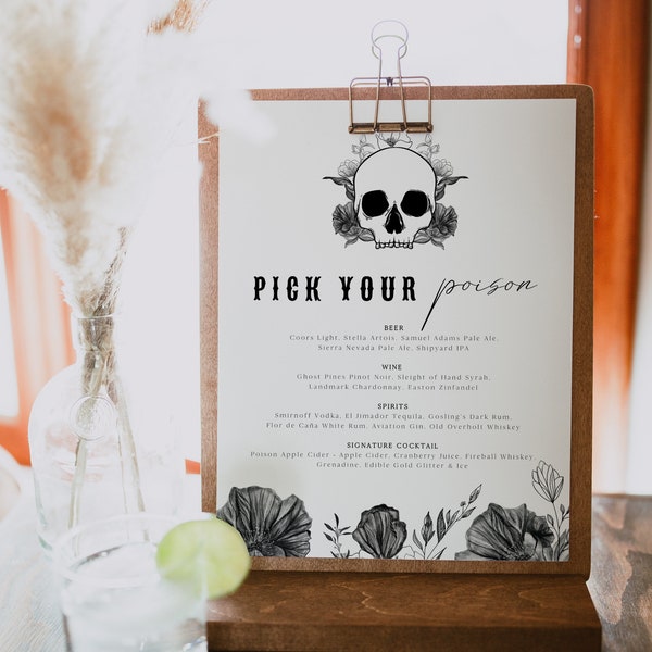 NOVA Bar Menu Sign Template, Pick Your Poison Sign, Drink Menu Printable, Skull Wedding Bar Menu. Halloween Bar Menu, Gothic Wedding Menu