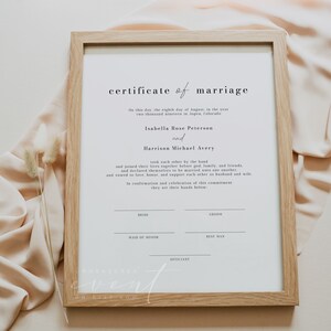 May include: A printable certificate of marriage template with a white background and black text. The text reads "certificate of marriage" and includes the date, names of the bride and groom, and spaces for signatures.