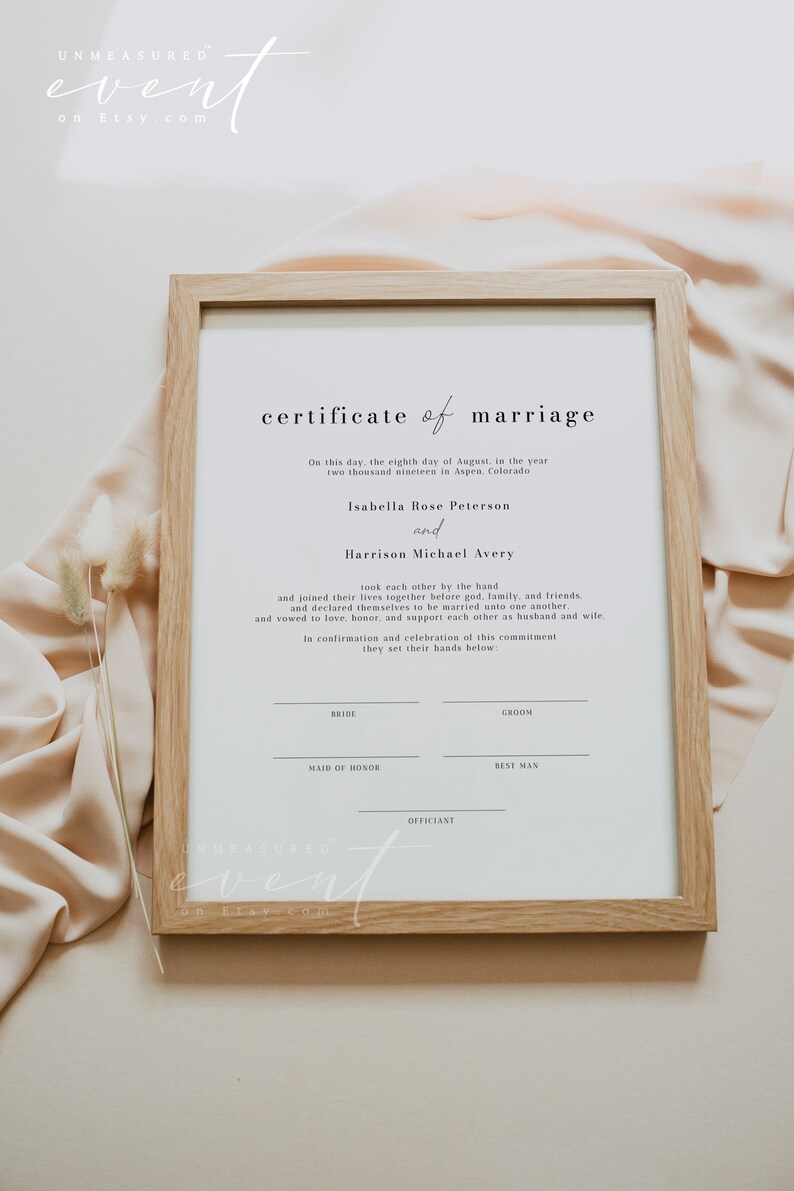 May include: A printable certificate of marriage template with a white background and black text. The text reads "certificate of marriage" and includes the date, names of the bride and groom, and spaces for signatures.