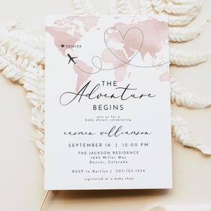 Plantilla de invitación para baby shower de aventura de CARMEN, baby shower con tema de aventura, invitación para baby shower con mapa rosa, baby shower de niña con tema de viaje