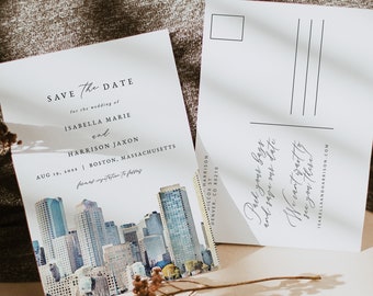 BOSTON Save the Date Vorlage, Aquarell Boston Skyline Speichern Sie das Datum Postkarte, Massachusetts speichern Sie das Datum, im Zentrum von Boston speichern Sie das Datum