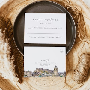 Modello di biglietto RSVP per matrimonio a Edimburgo, biglietto di risposta per matrimonio stampabile, biglietto di risposta per matrimonio Destination Skyline, opzione pasto istantaneo per Scozia