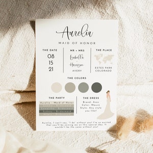 Bridesmaid Info Card Template, Bridal Party Info Card, Bridesmaid Information Card, Modern Minimal Bridesmaid Infographic Calligraphy JOLIE image 2