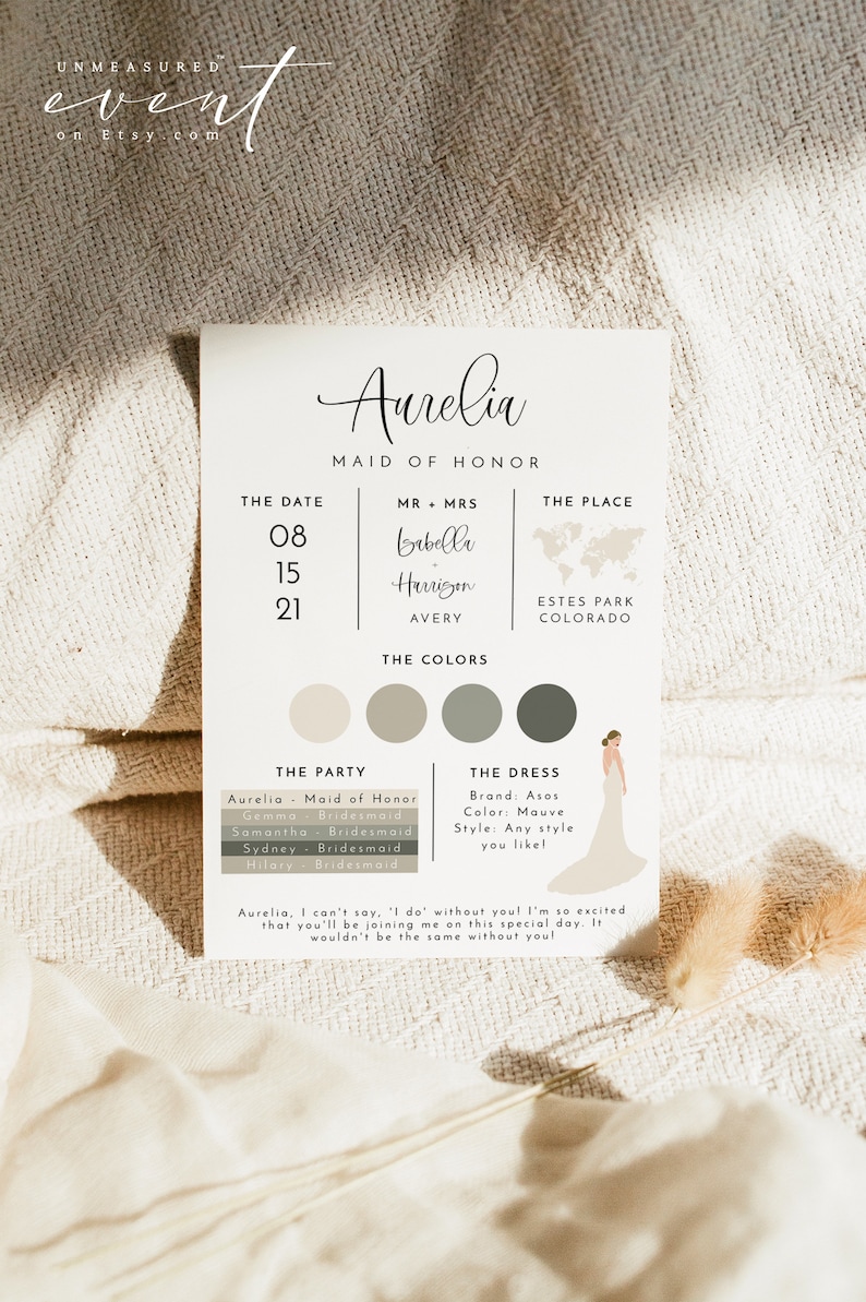 Bridesmaid Info Card Template, Bridal Party Info Card, Bridesmaid Information Card, Modern Minimal Bridesmaid Infographic Calligraphy JOLIE image 2