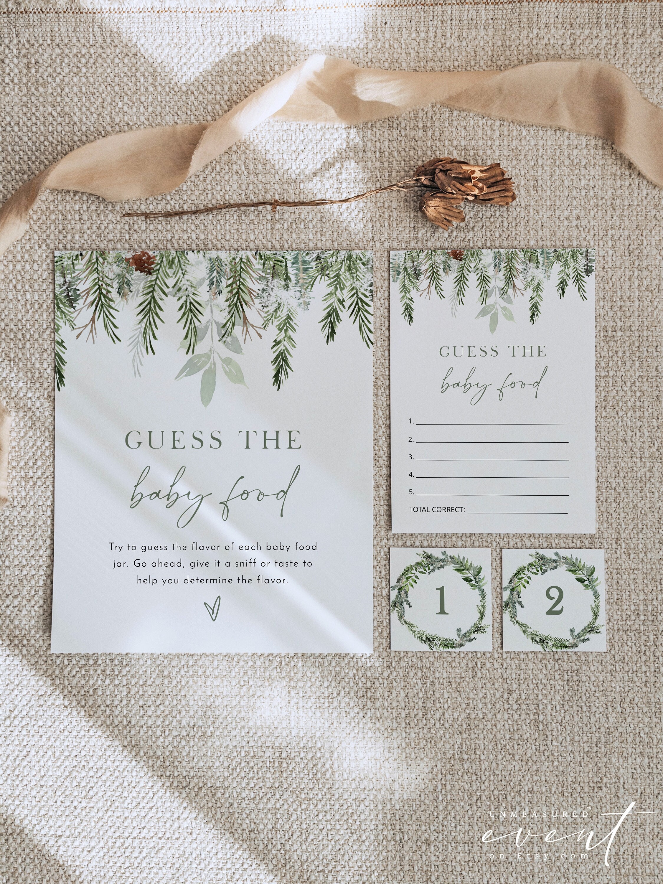 JOY Guess the Baby Food Baby Shower Game Template Rustic Pine and Greenery Gender Neutral Winter Wonderland Baby It's Cold Outside