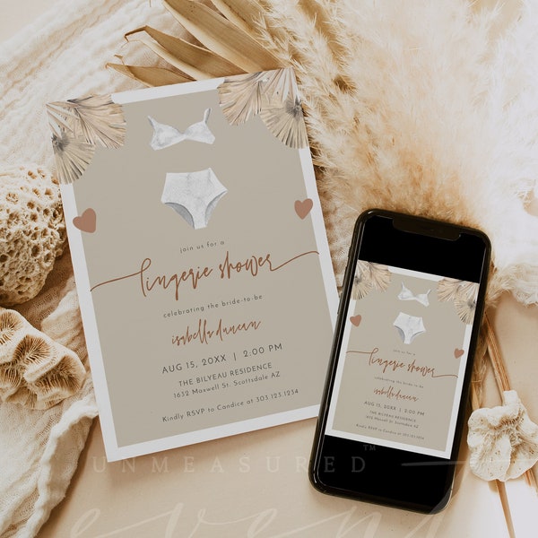 JADE Lingerie Shower Invitation Template, Tropical Lingerie Shower Invite Printable Instant Download, Beige Burnt Orange Boho Shower Evite