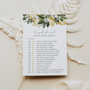 DAHLIA He Said She Said Bridal Shower Game, Lemon Bridal Shower Game, Citrus Bridal Shower Games Instant Main Squeeze Bridal Shower Editable