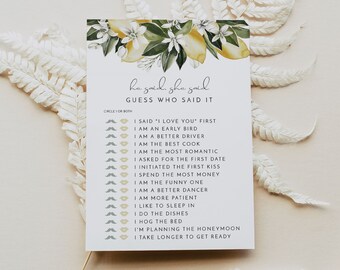 DAHLIA He Said She Said Bridal Shower Game, Lemon Bridal Shower Game, Citrus Bridal Shower Games Instant Main Squeeze Bridal Shower Editable