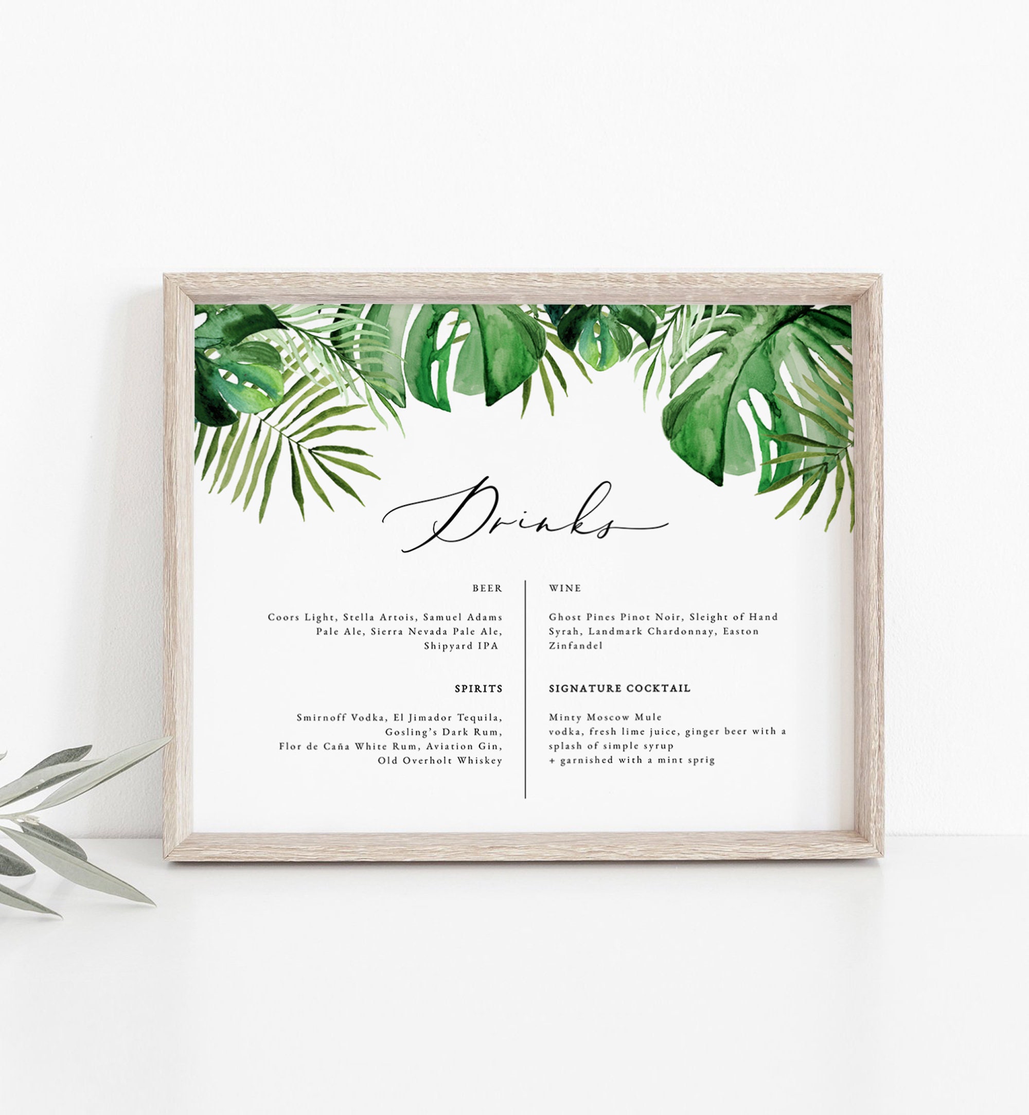 Tropisches 8x10 Hochzeitsbarschild, Palmenblatt-Tischgetränkekarte zum Ausdrucken, Strandhochzeitsbarschild, tropisches Signature Drinkschild CORA