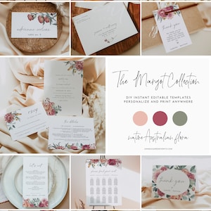 Paquete de boda Mega MARGOT, kit de plantillas para invitaciones de boda australianas, invitación de boda con flores nativas australianas imprimible, protea burdeos
