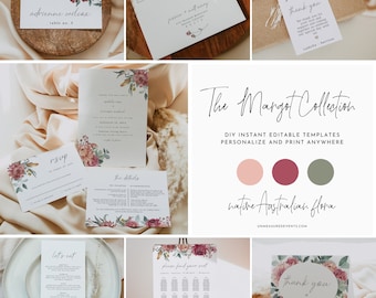 MARGOT Mega Wedding Bundle, Australian Wedding Invitation Template Kit, Native Australian Flower Wedding Invite Printable, Burgundy Protea