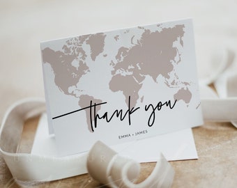 QUINN Thank You Card Template, Printable Thank You Card, Destination Wedding Thank You, Blush World Map Thank You Editable Instant Download