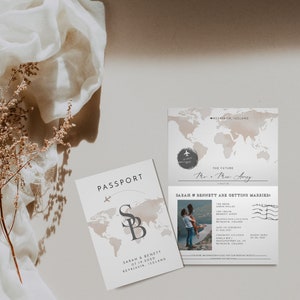 Passport Wedding Invitation Template Suite, Travel Themed Wedding Invitation Instant Download, Adventure Abroad Boarding Pass Earthy CARMEN image 2