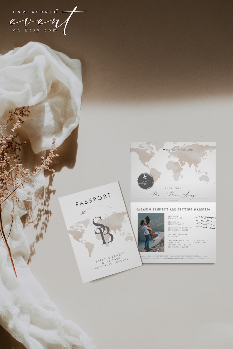 Passport Wedding Invitation Template Suite, Travel Themed Wedding Invitation Instant Download, Adventure Abroad Boarding Pass Earthy CARMEN image 2