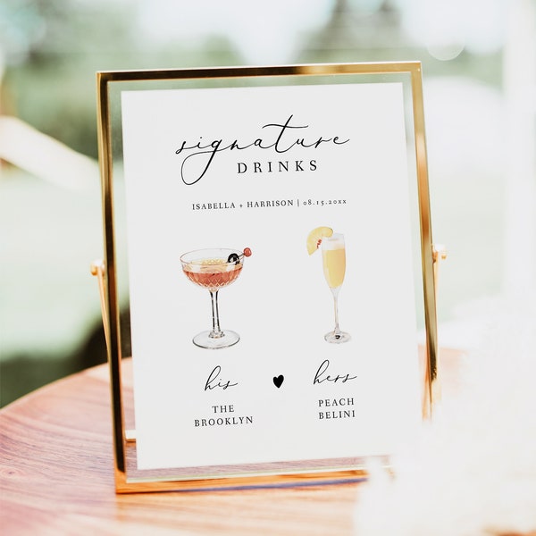 EVELYN Minimalistisches Hochzeits-Signatur-Getränkeschild, elegantes Cocktail-Schild, modernes Schrift-Signatur-Getränkeschild zum Ausdrucken