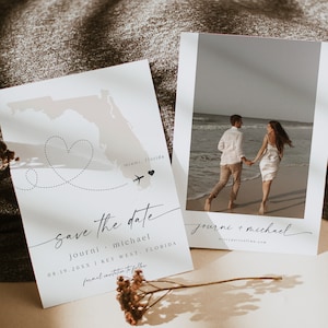 JOURNI Kaart Florida Save the Date ansichtkaartsjabloon Bestemming bruiloft Save the Date afdrukbare Boho-beige kaart Avontuurlijke bruiloft