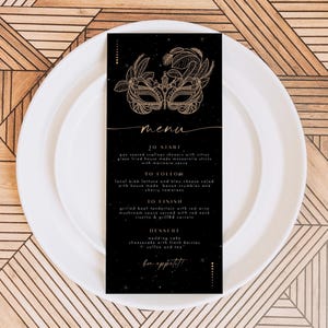 CELINE Menu du dîner sur le thème mascarade, cartes de menu de table de fête masquée, menu du Nouvel An noir et or, décoration de table de bal élégante