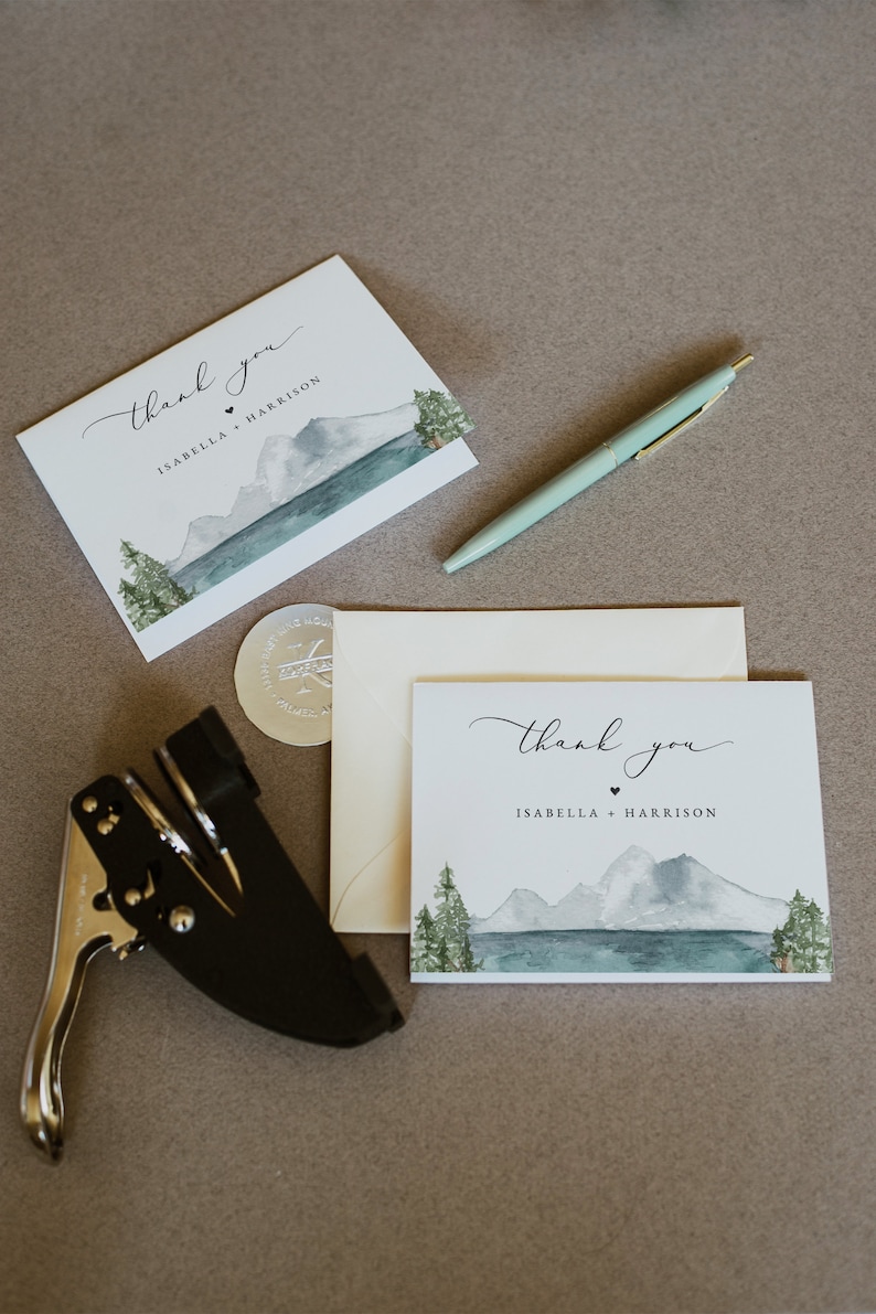 Modèle de carte de remerciement montagne trèfle, carte de remerciement mariage lac montagne, cartes de remerciement Boho, cartes de remerciement mariage Boho image 2