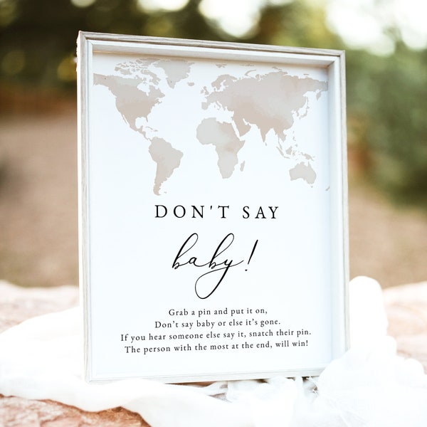 CARMEN Don't Say Baby Sign, Adventure Baby Shower Game, Travel Themed Baby Shower Games, Watercolor World Map Destination Gender Neutral DIY