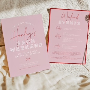 HENLEY Bachelorette Invitation & Itinerary Template Modern Pink and Red Bachelorette Weekend Invite Bach Weekend Schedule Printable image 1