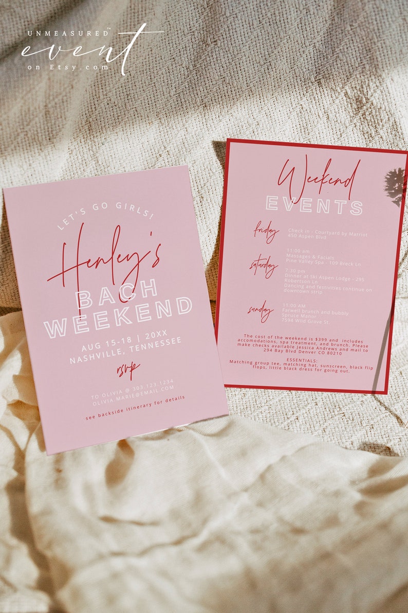 HENLEY Bachelorette Invitation & Itinerary Template Modern Pink and Red Bachelorette Weekend Invite Bach Weekend Schedule Printable image 1