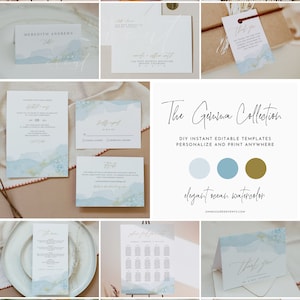 Può includere: Una collezione di modelli di cancelleria per matrimoni con un design ad acquerello con accenti blu, oro e bianco. I modelli includono un cartello di benvenuto, un numero di tavolo, una carta RSVP, un menu, un piano di posti a sedere e una carta di ringraziamento. Il testo "The Gemma Collection" è visualizzato in un carattere di scrittura a mano.