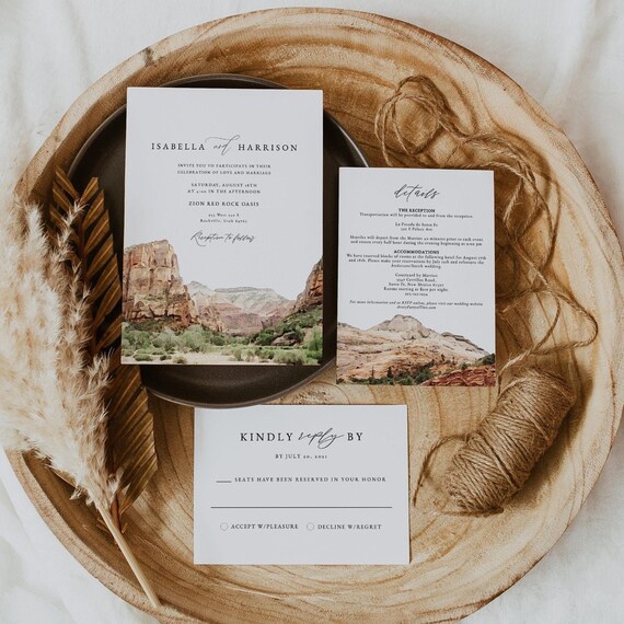 ZION National Park Wedding Invitation Suite Templates, Watercolor Zion Mountains Wedding Invite Set, Southern Utah Outdoor Landscape Invite