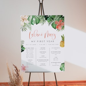 Plantilla para tablero de hitos del primer cumpleaños, tablero de hitos tropicales, tablero de hitos para bebés, póster de hitos de luau, palmera de piña de playa LALANI