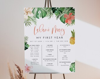 Eerste verjaardag mijlpaal bordsjabloon, tropische mijlpaal bord, baby mijlpaal bord, Luau mijlpaal poster, strand ananas palm LALANI