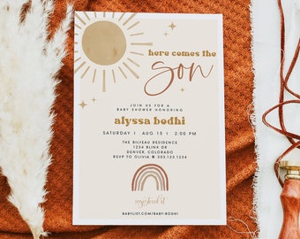Sun Baby Shower Invitation Template, Here Comes the Son Baby Shower Invite, Bohemian Baby Shower Invite, Gender Neutral Baby Shower BODHI
