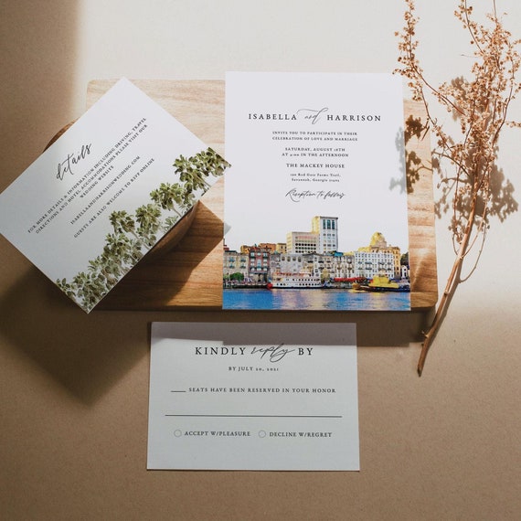 SAVANNAH Wedding Invitation Template Suite, Destination Wedding Invitations Printable, Travel Themed Wedding, Watercolor Savannah Georgia