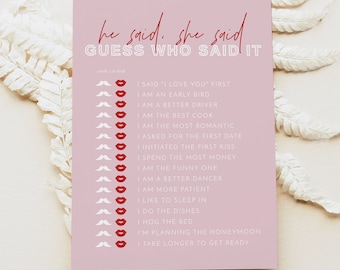 HENLEY PRINTED + SHIPPED He Said She Said Bridal Shower Game, Guess Who Said It Bridal Shower Game Cards, Modern Retro Pink Bachelorette