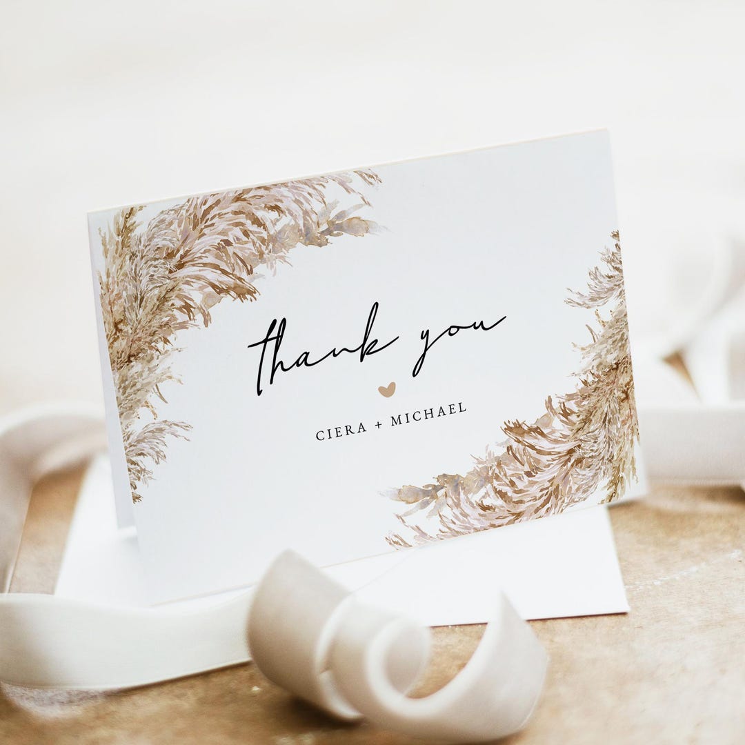 PRINTED + SHIPPED Pampas Wedding Thank You Cards, Elegant Wedding Thank ...