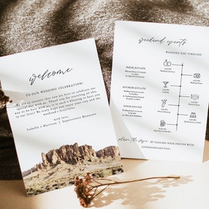 Modèle de chronologie de mariage SUPERSTITION MOUNTAIN, modèle de mariage Phoenix, lettre de bienvenue de mariage, carte de programme de mariage à destination