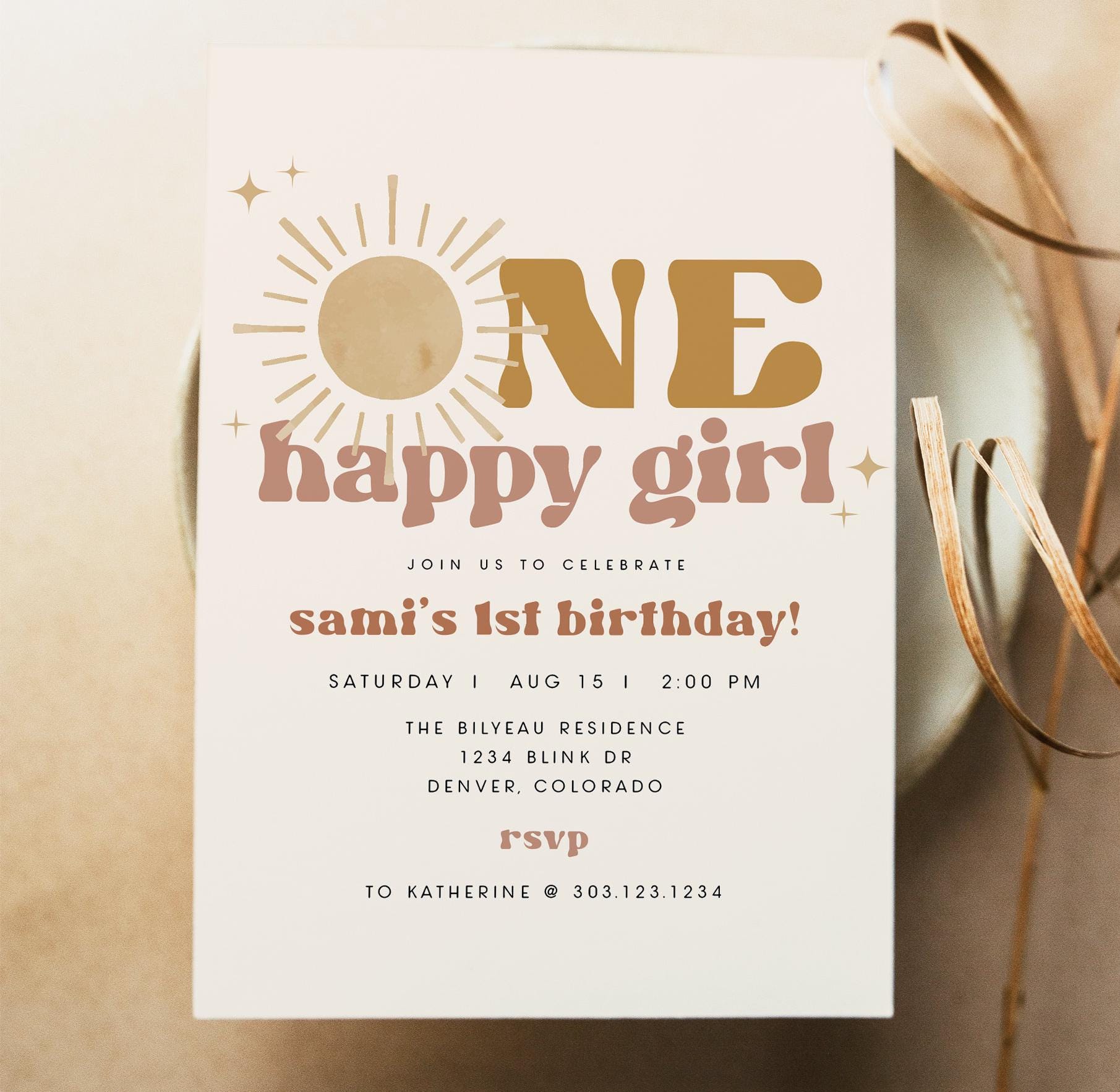 BODHI One Happy Girl Birthday Invitation Template, First Trip Around the Sun Birthday Invite, Boho Sun 1st Birthday Invite Printable