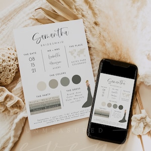 Bridesmaid Info Card Template, Bridal Party Info Card, Bridesmaid Information Card, Modern Minimal Bridesmaid Infographic Calligraphy JOLIE image 3