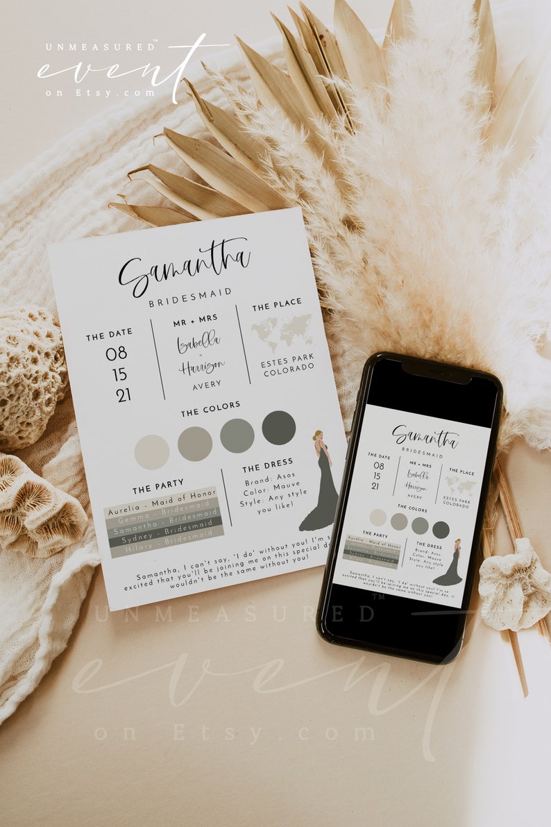 Bridesmaid Info Card Template, Bridal Party Info Card, Bridesmaid Information Card, Modern Minimal Bridesmaid Infographic Calligraphy JOLIE image 3