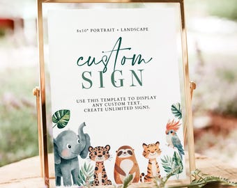 WILDER Safari Custom Sign Template, 8x10" Custom Party Signs, Jungle Themed Birthday Party Sign, Baby Shower Signs Editable, Animal Signs