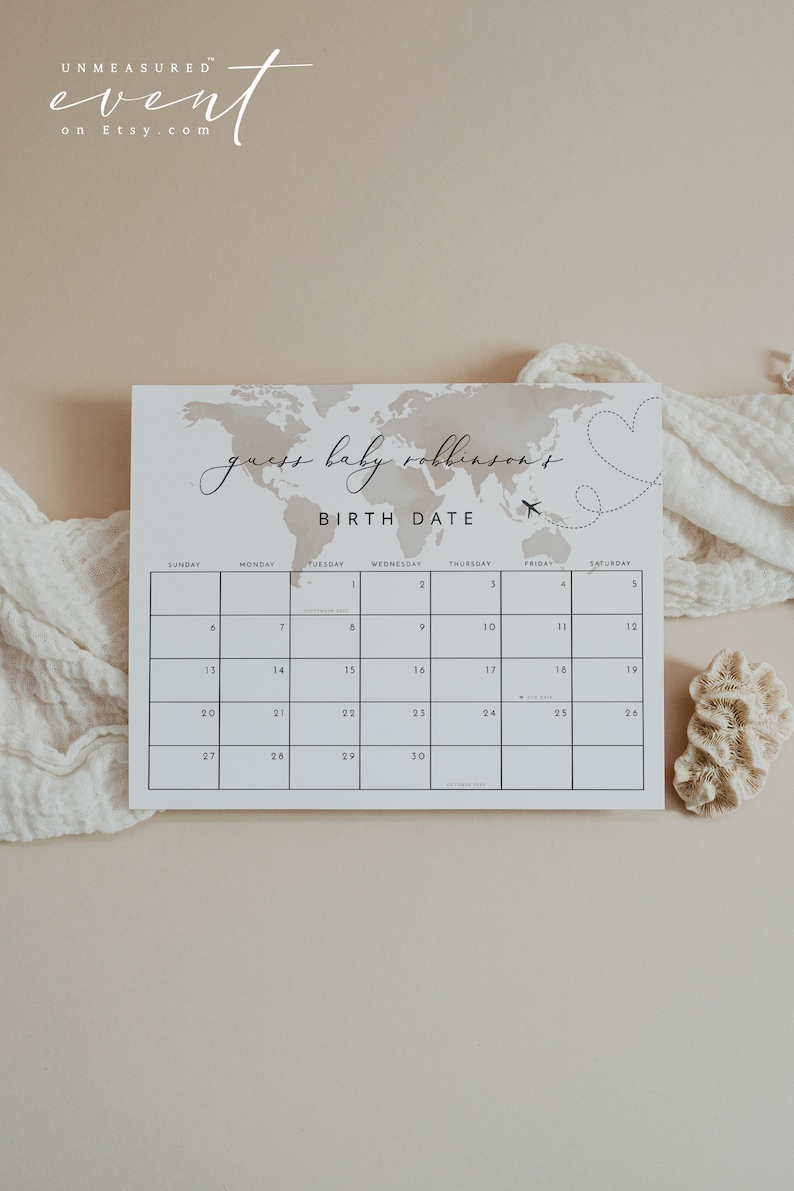 Peut inclure: Un jeu de baby shower imprimable avec un fond de carte du monde. Le jeu demande aux invit&eacute;s de deviner la date de naissance du b&eacute;b&eacute;. Le jeu est intitul&eacute; "Devinez la date de naissance de b&eacute;b&eacute; Robinson".