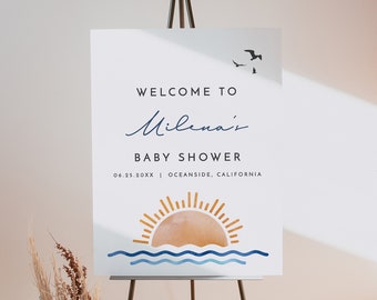 OCEANSIDE Surf Baby Shower Welcome Sign Template Tropical Beach Baby Shower Welcome Poster Printable Baby On Board