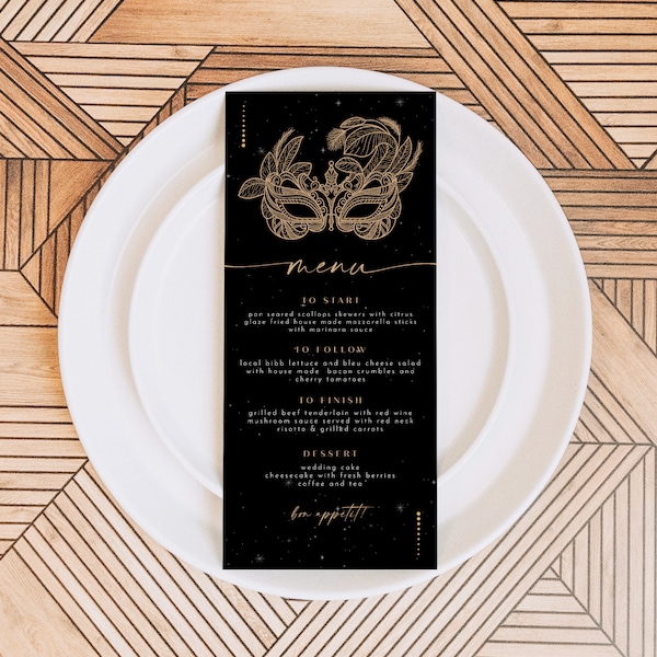 CELINE Menu de dîner sur le thème de la mascarade, cartes de menu de table de fête masquée, menu de nourriture du Nouvel An noir et or, décoration de table de bal élégante