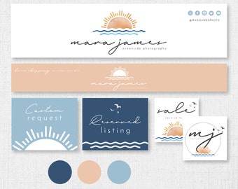 OCEANSIDE Etsy Banner Set, Watercolor Etsy Branding Templates, Tropical Etsy Shop Banner, Beach Etsy Banner, Sunrise Waves Birds Branding