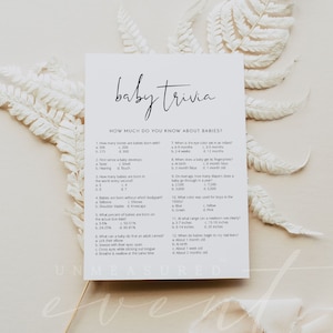 ADELLA Minimalistisk Baby Trivia Baby Shower-spel, Modern Baby Shower-spel Utskrivbar Mall, Könsneutral Enkel och Ren Baby Shower DIY bild 1