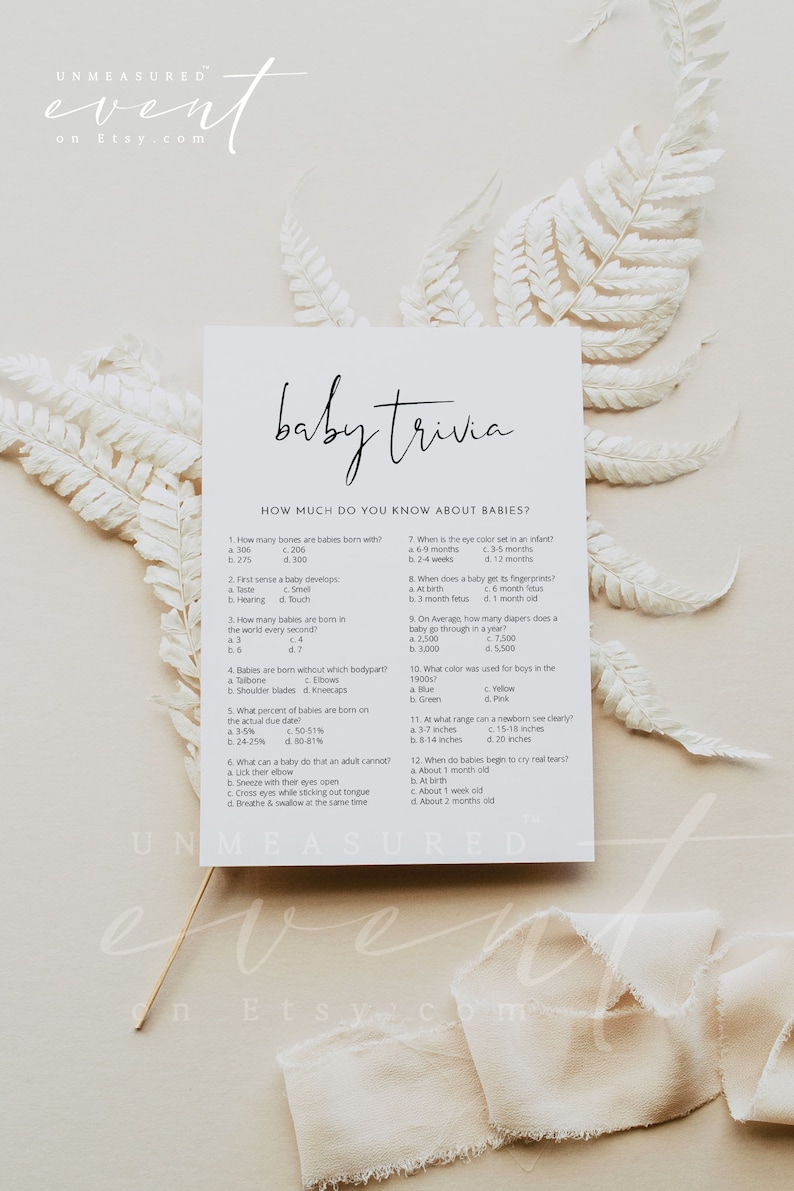ADELLA Minimalistisk Baby Trivia Baby Shower-spel, Modern Baby Shower-spel Utskrivbar Mall, Könsneutral Enkel och Ren Baby Shower DIY bild 1