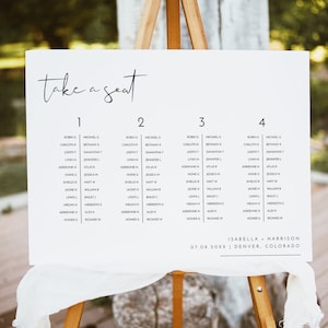 Puede incluir: Un plano de asientos blanco con texto negro, titulado "take a seat". El plano está dividido en cuatro columnas, cada una etiquetada con un número. Cada columna enumera los nombres en dos columnas, la primera columna enumera el nombre de pila y la segunda columna enumera el apellido. El plano también incluye la fecha "07.08.20XX" y la ubicación "ISABELLA + HARRISON | DENVER, COLORADO".