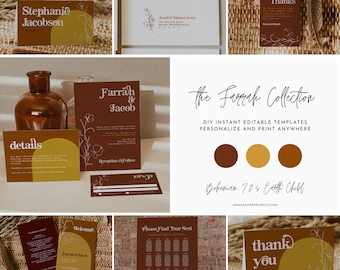 FARRAH 70's Wedding Invitation Template Set, Hippie Wedding Invitation Bundle, Groovy Eclectic Wedding, Retro Wedding, Mustard Wedding