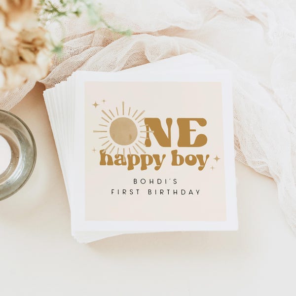 PRINTED + SHIPPED, One Happy Boy Birthday Napkins,Custom Retro Boho Baby First Birthday Napkin, Bohemian Baby Boy Birthday Napkins, BODHI