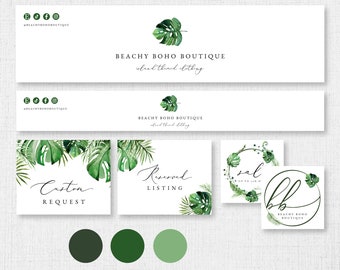 Tropical Etsy Branding Kit, Palm Leaf Etsy Shop Banner, Shopify Templates, Beach Website Branding, Tropical Branding Package Island DIY CORA