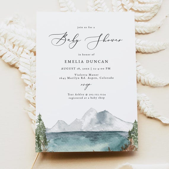 Mountain Baby Shower Invitation Template, Mountain Lake Baby Shower Invite, Boho Baby Shower Invite, Forest Baby Shower Invites DIY CLOVER