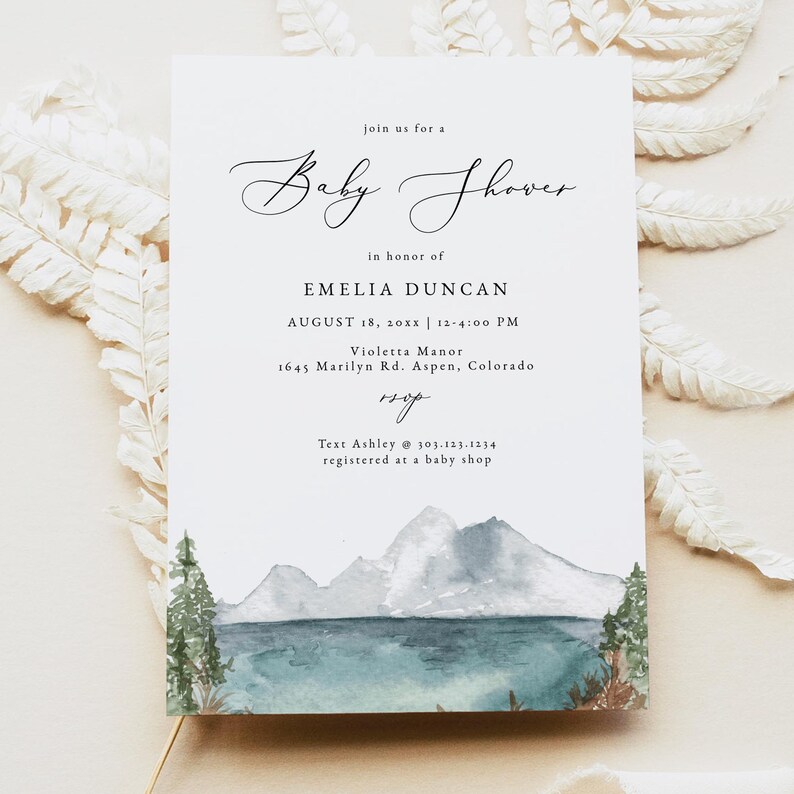 Mountain Baby Shower Invitation Template, Mountain Lake Baby Shower Invite, Boho Baby Shower Invite, Forest Baby Shower Invites DIY CLOVER image 1